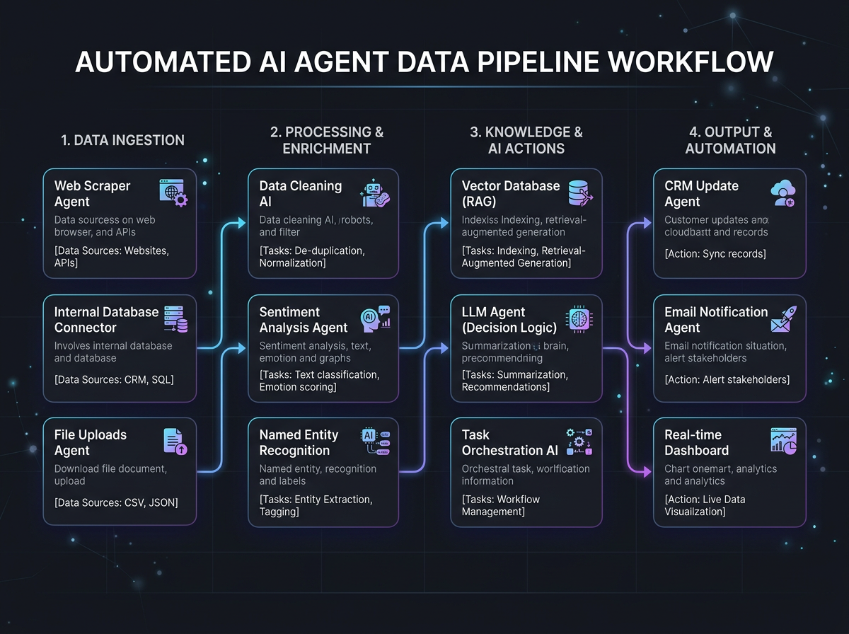 Clean dark mode workflow diagram showing AI agents automated data pipelines
